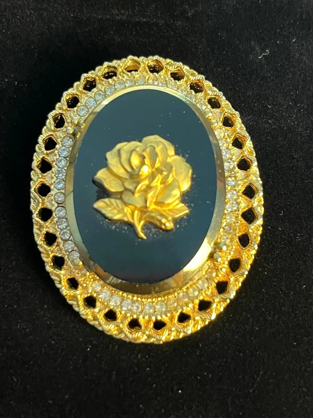 Vintage Black and Gold Toned Rose Brooch Pendant Whimsigoth Dark Romance
